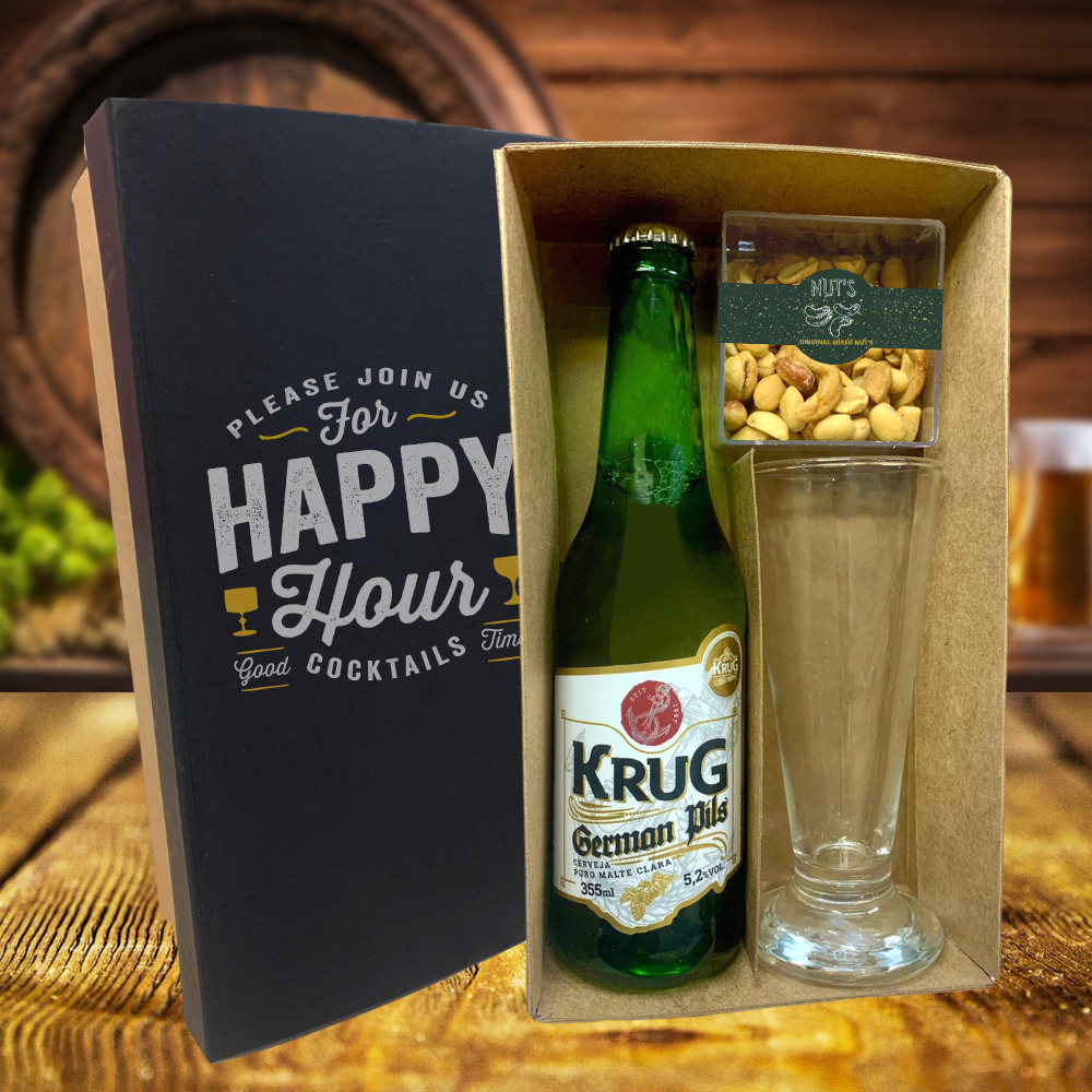 kit cerveja artesanal krug com copo e snack
