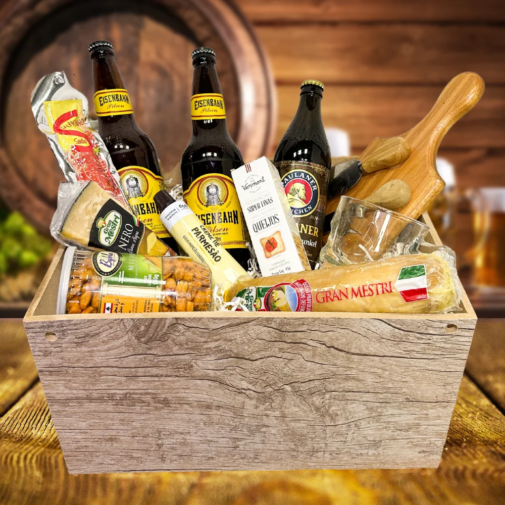 kit gourmet cerveja com aperitivos e queijos