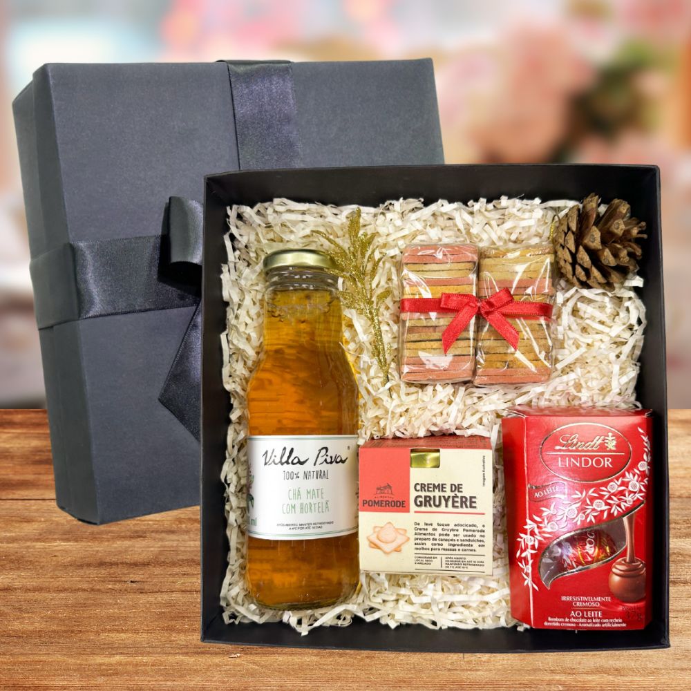 kit chá com chocolate lindt, torradas e queijo