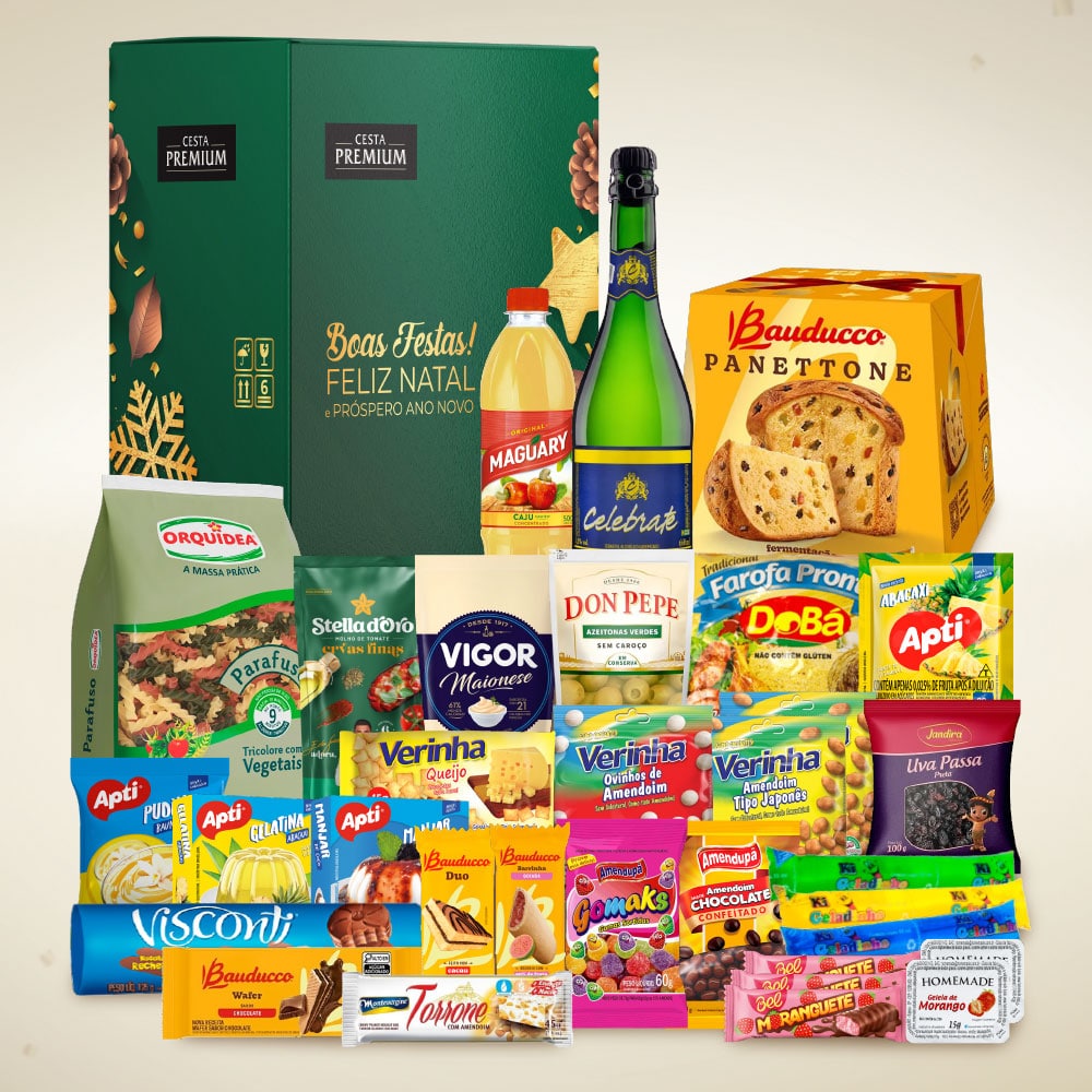 Cesta de Natal Constelação com panettone Bauducco e itens natalinos para empresas