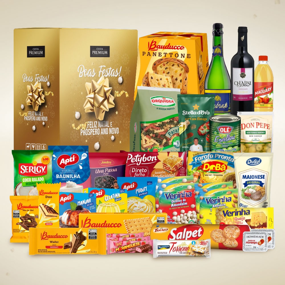 Cesta de Natal Encanto com panettone Bauducco e itens natalinos para empresas