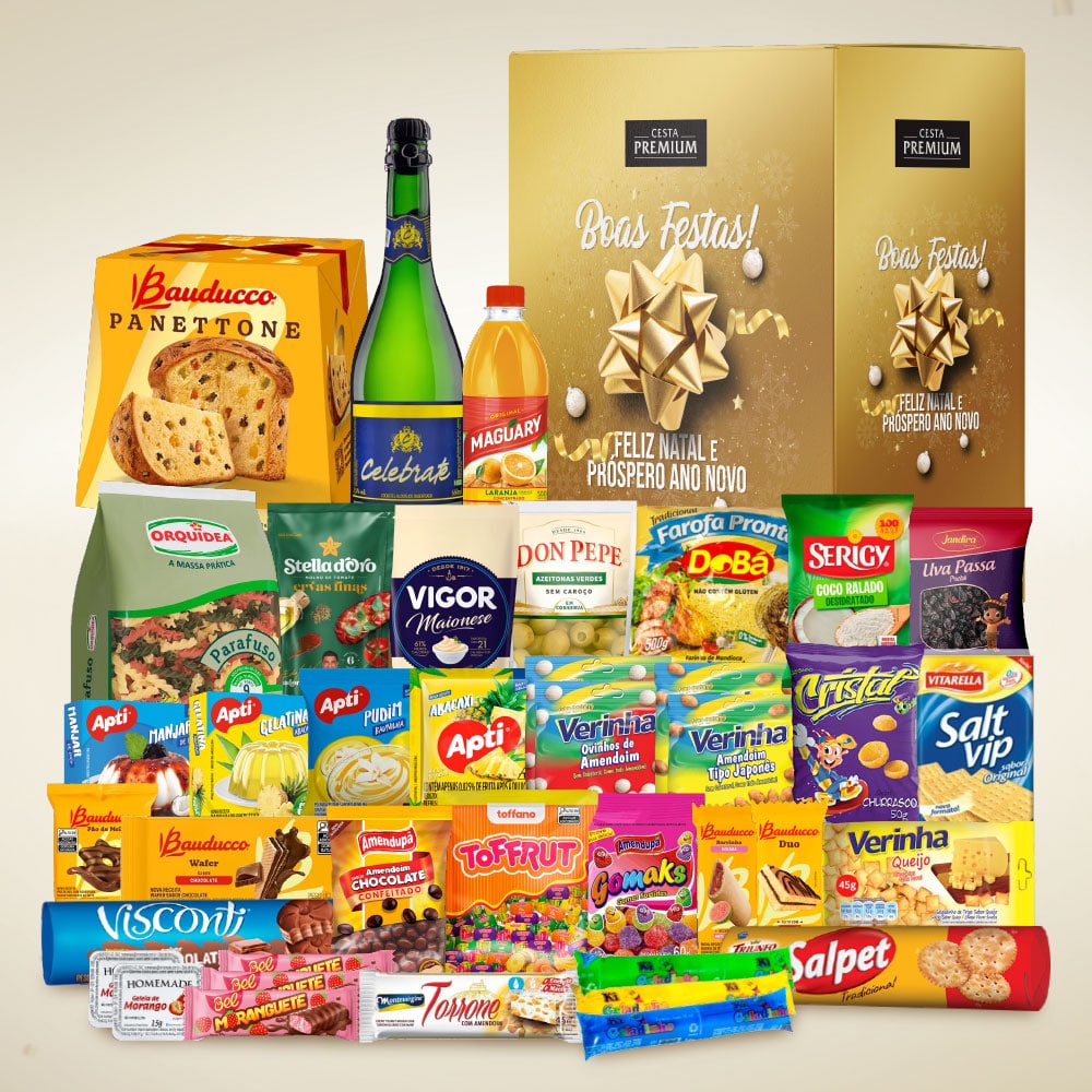 Cesta de Natal Especial para empresas com panettone Bauducco e espumante, 40 itens natalinos