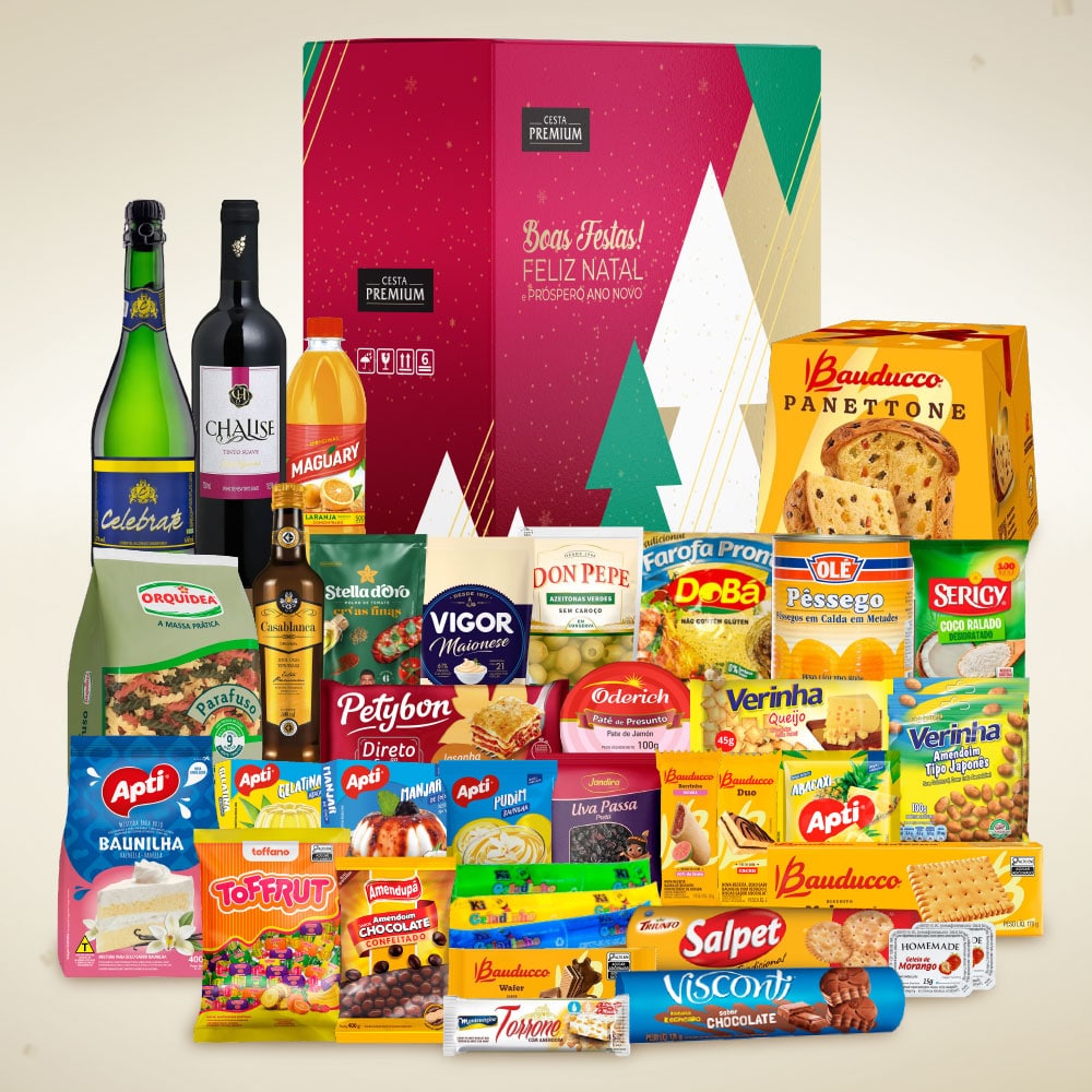 Cesta de Natal Estrela Guia com panettone Bauducco e itens natalinos para empresas