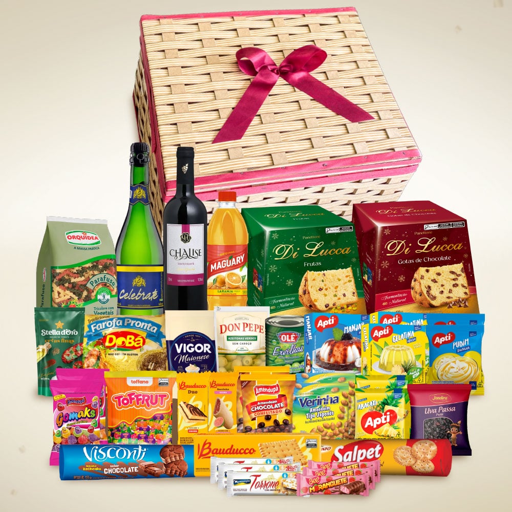 Cesta de Natal Galiléia em caixa de vime com 2 panettones e itens natalinos para empresas