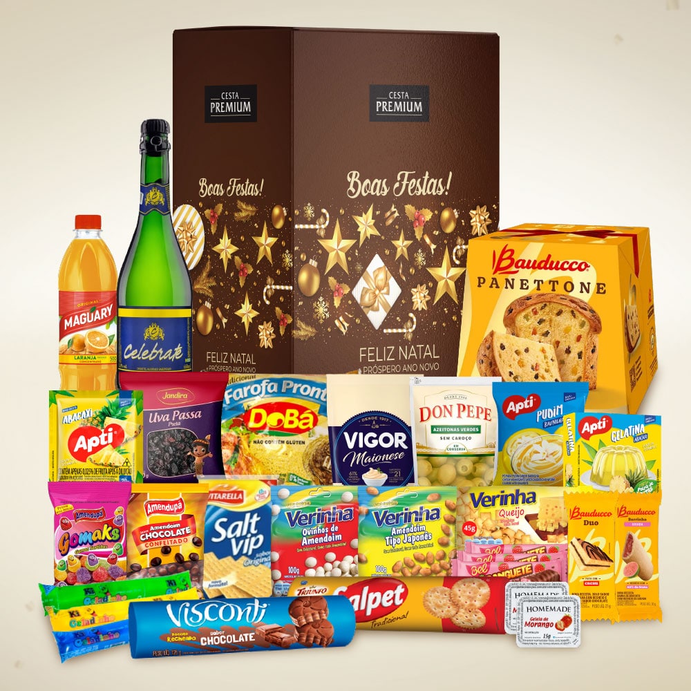 Cesta de Natal Natividade com panettone Bauducco e itens natalinos para empresas