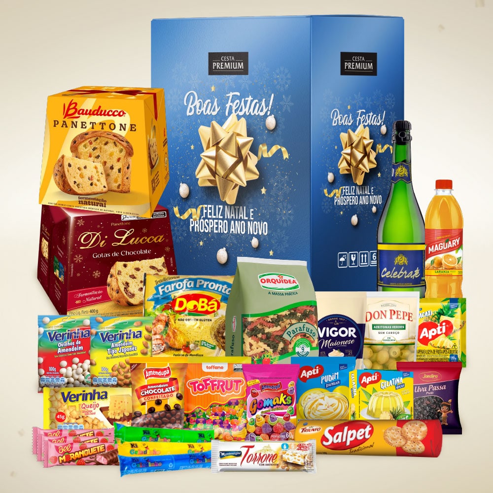 Cesta de Natal Noite Feliz com panettone Bauducco, chocottone e itens natalinos para empresas