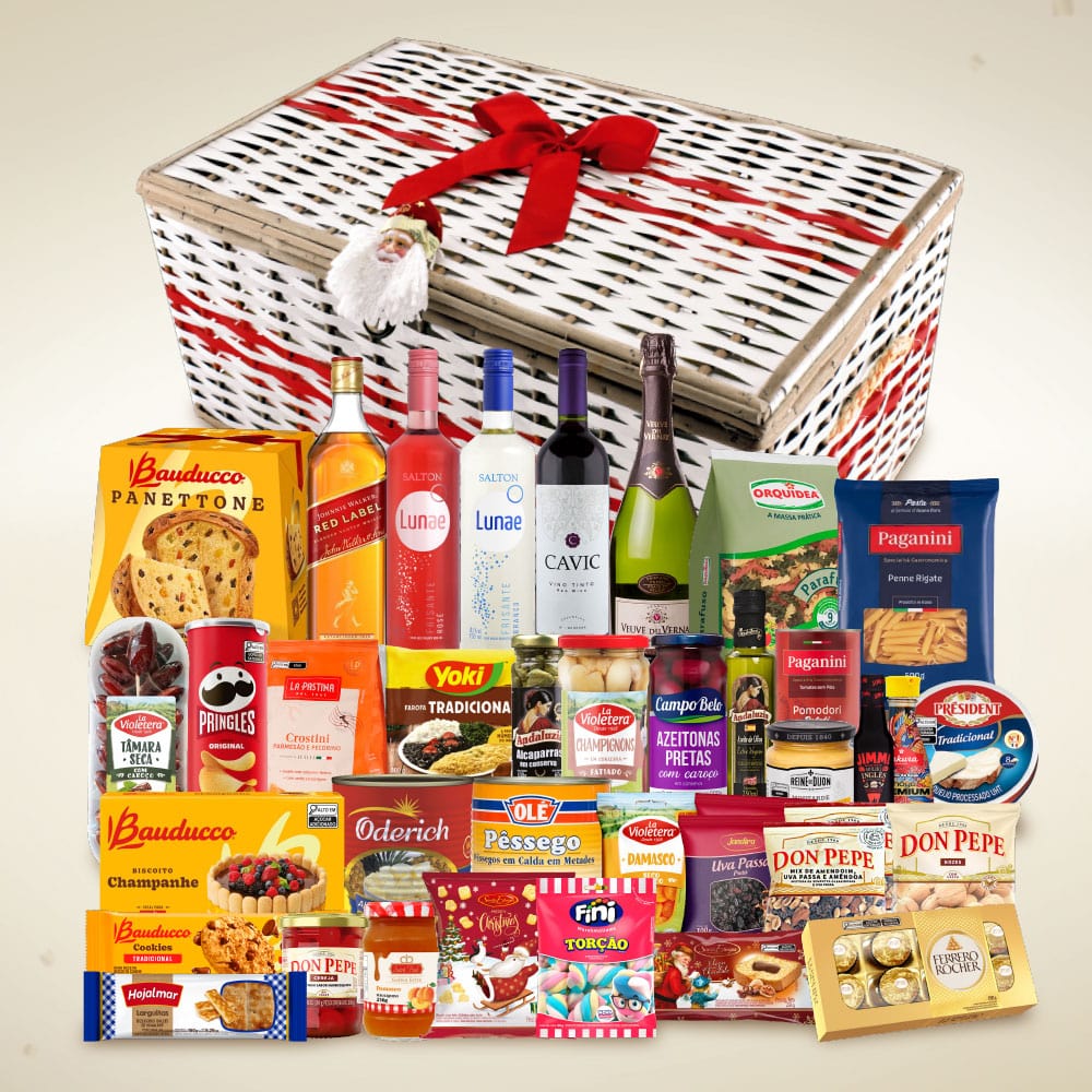 Cesta de Natal Premium 10 em caixa de vime com panettone Bauducco e itens natalinos para empresas