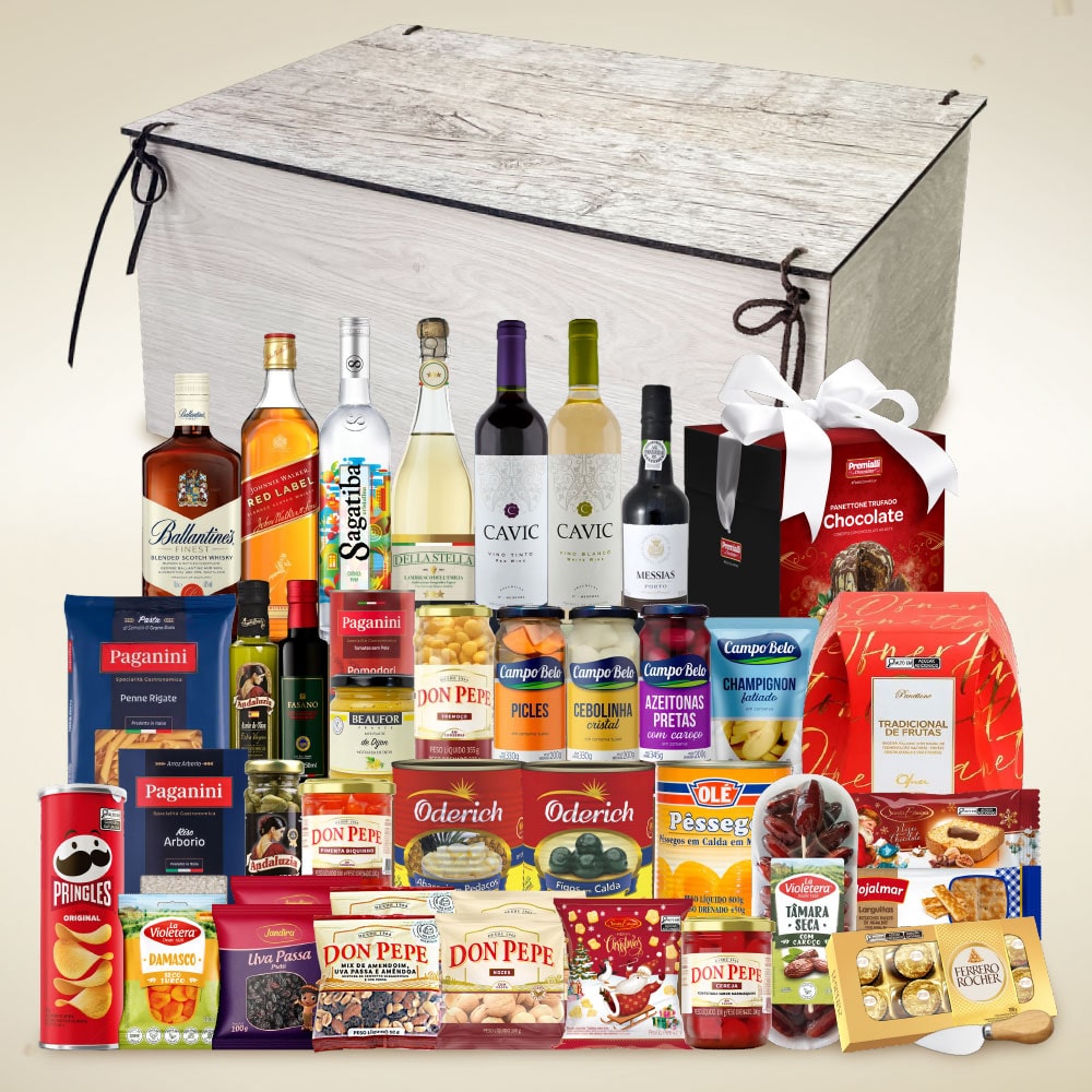 Cesta de Natal Premium 5 em baú de madeira com 2 panettones e itens natalinos para empresas
