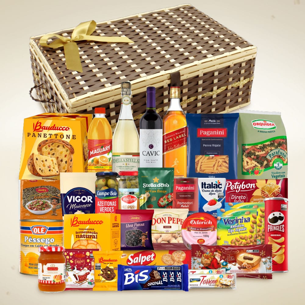 Cesta de Natal Premium 6 em caixa de vime com panettone Bauducco e itens natalinos para empresas