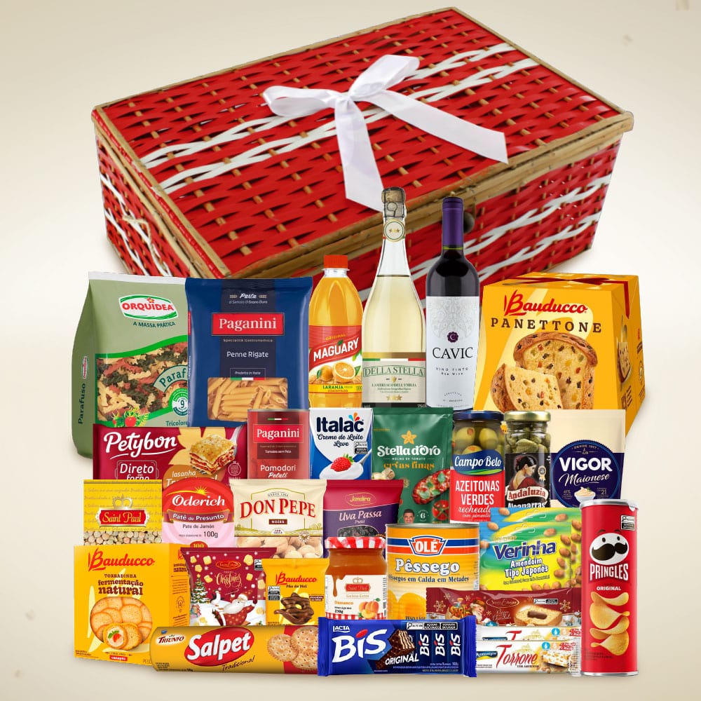 Cesta de Natal Premium 7 em caixa de vime com panettone Bauducco e itens natalinos para empresas