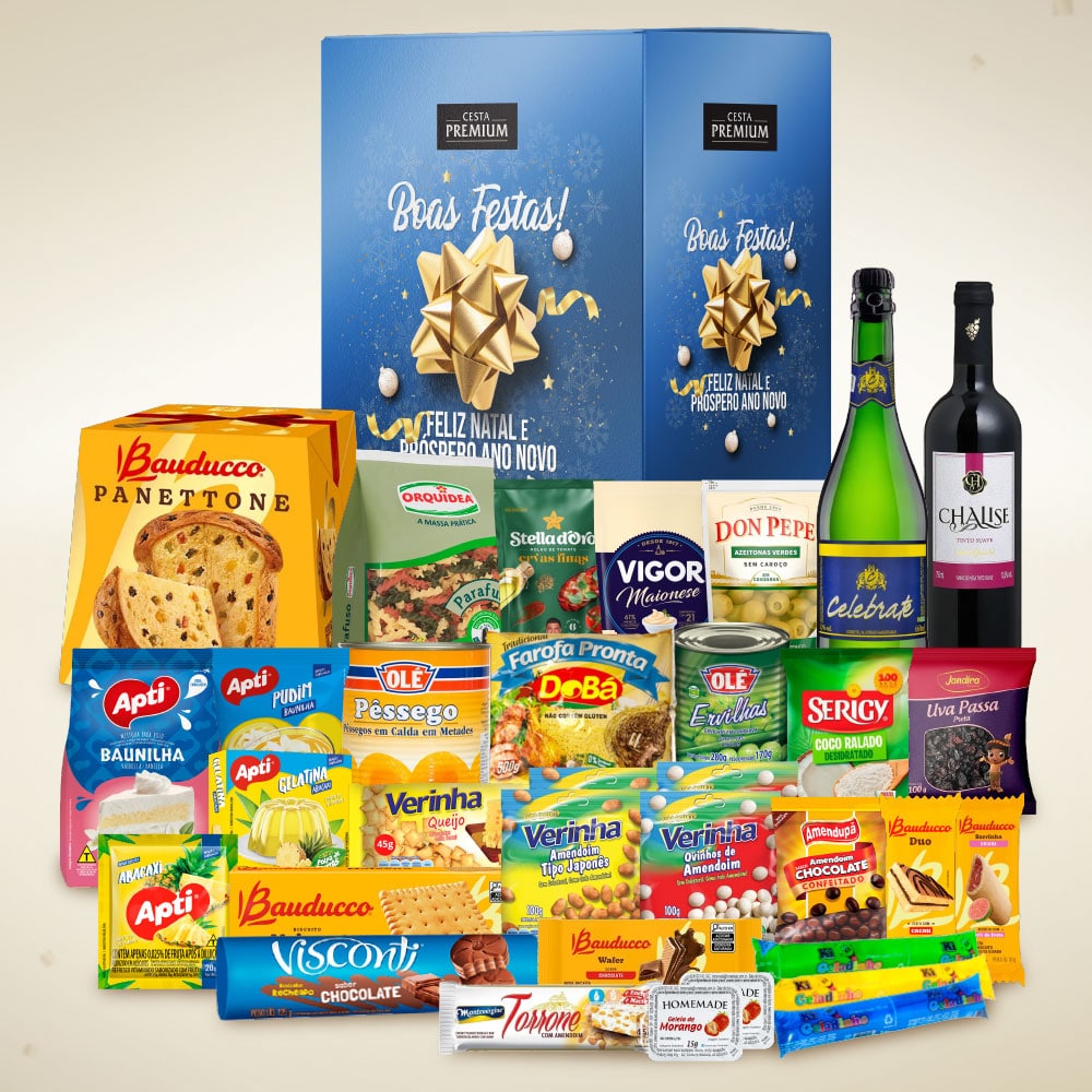 Cesta de Natal Reis Magos com panettone Bauducco e itens natalinos para empresas