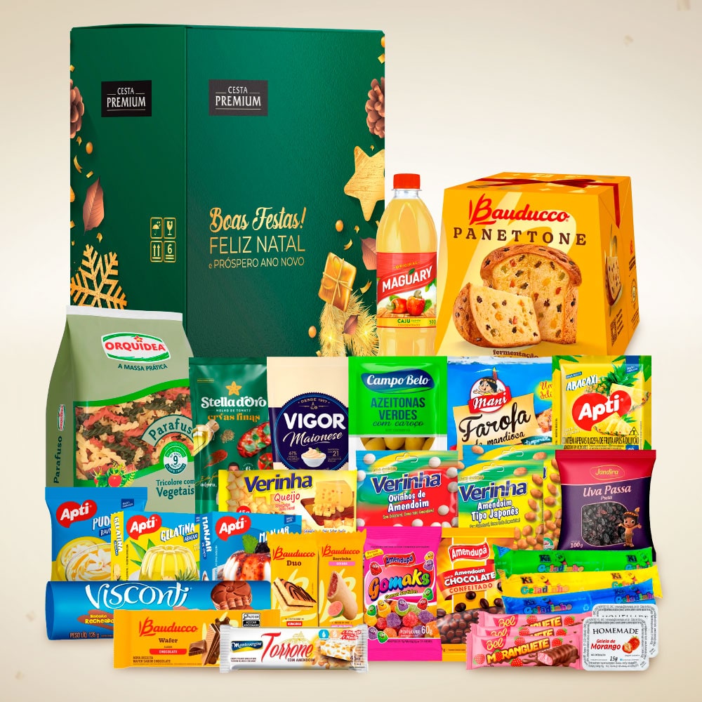 Cesta de Natal sem bebida alcoólica com panettone Bauducco e itens natalinos para empresas