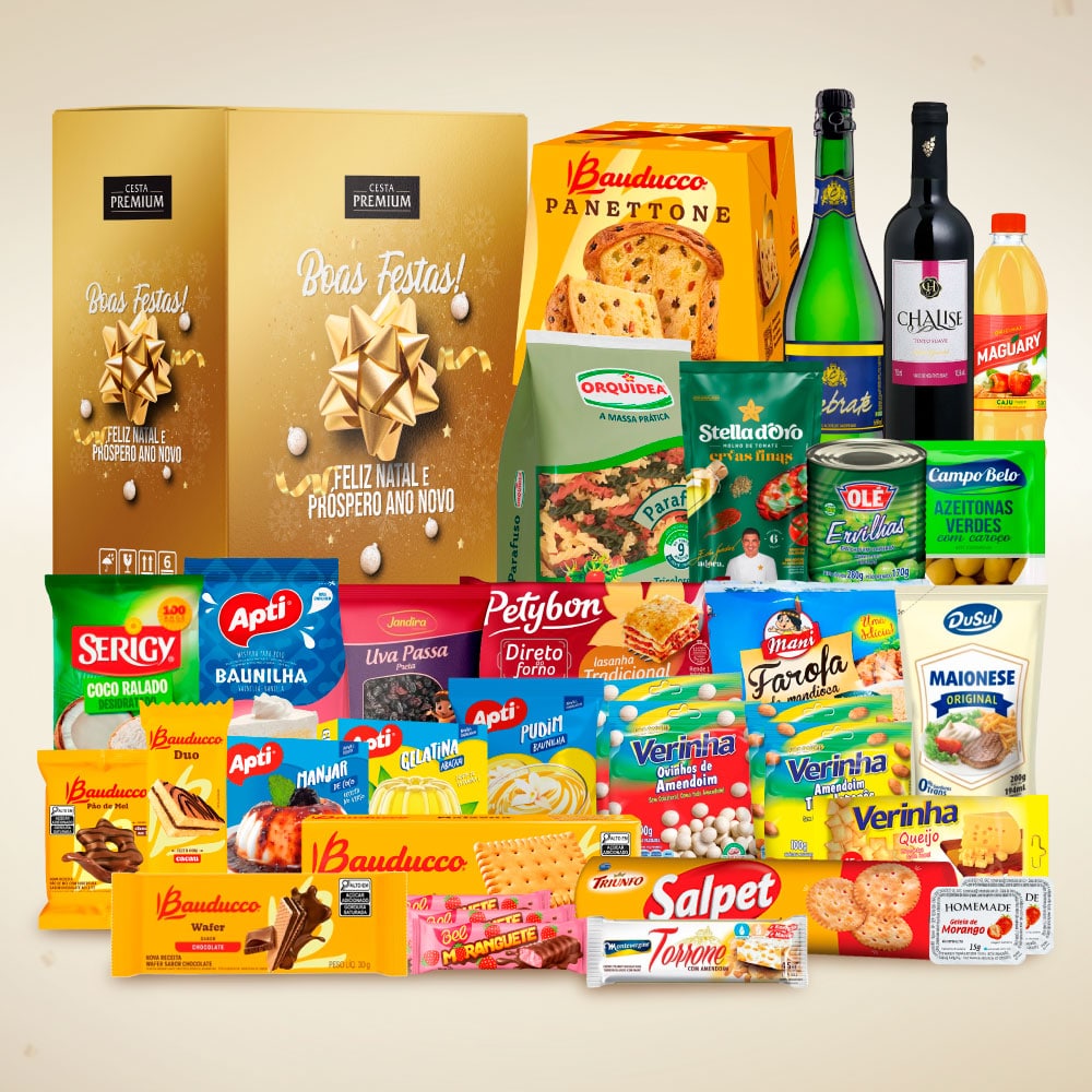 Cesta de Natal Encanto com panettone Bauducco e itens natalinos para empresas
