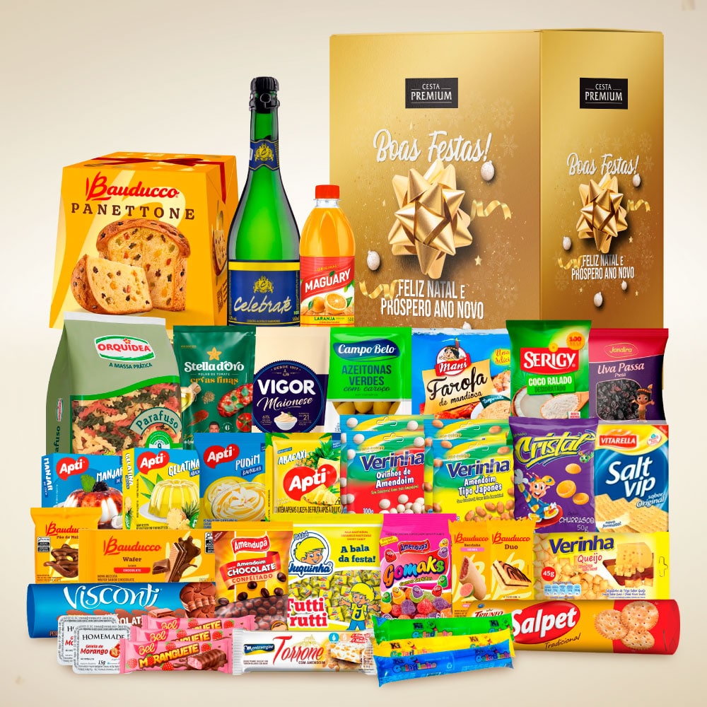 Cesta de Natal Especial para empresas com panettone Bauducco e espumante, 40 itens natalinos
