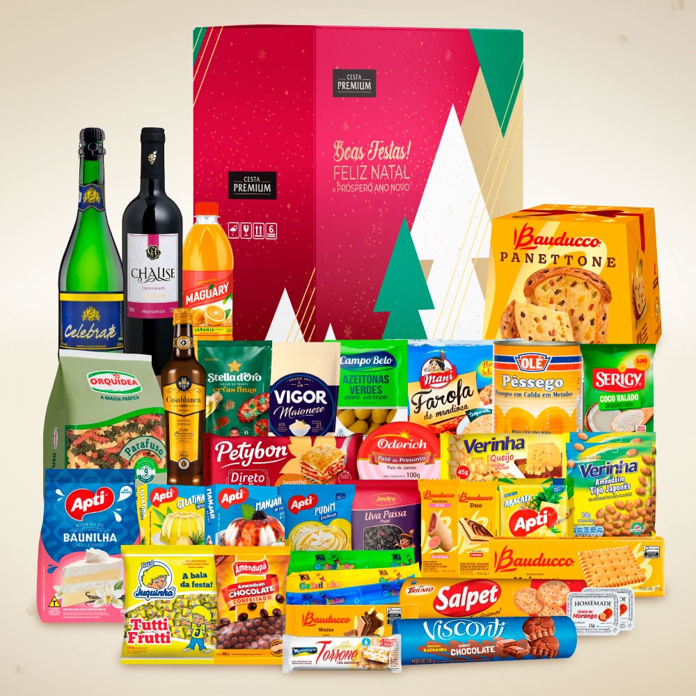 Cesta de Natal Estrela Guia com panettone Bauducco e itens natalinos para empresas