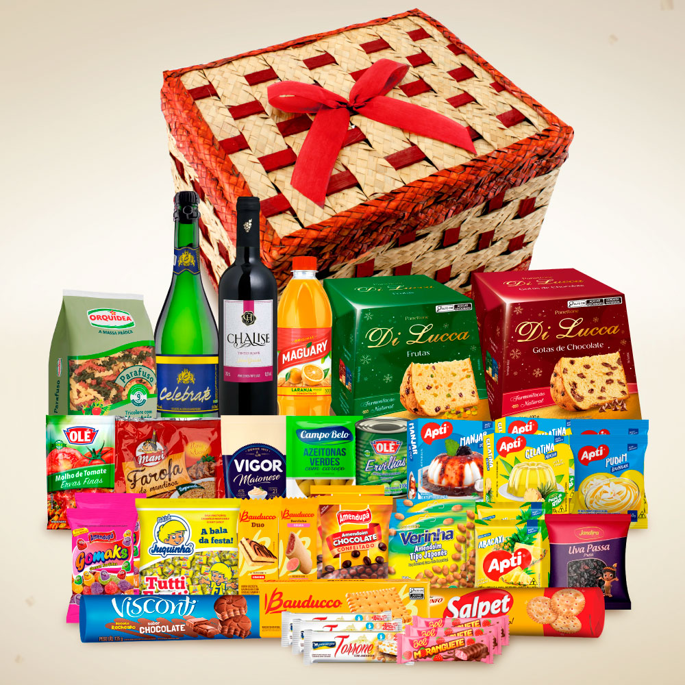 Cesta de Natal Galiléia em caixa de vime com 2 panettones e itens natalinos para empresas