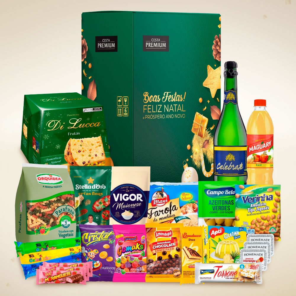Cesta de Natal Guirlanda com panettone e itens natalinos para empresas
