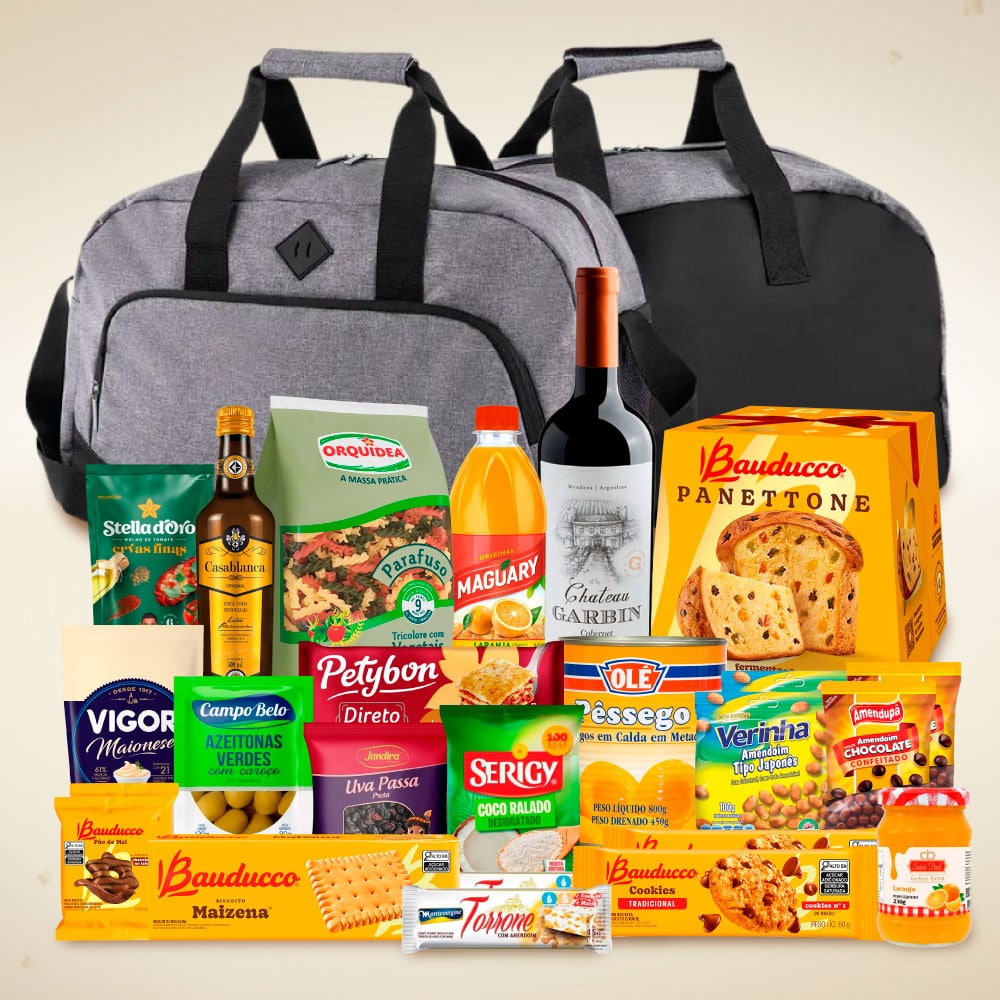 Cesta de Natal Kit Viagem com mala, panettone Bauducco e itens natalinos para empresas