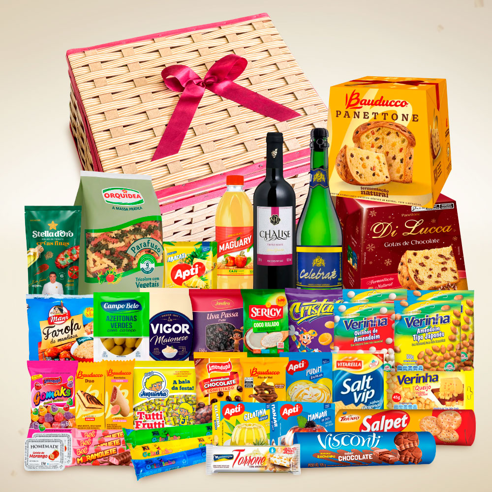 Cesta de Natal Mega em caixa de vime com panettone Bauducco e itens natalinos para empresas