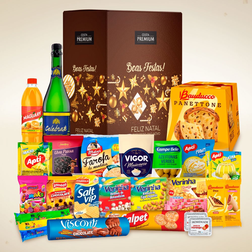 Cesta de Natal Natividade com panettone Bauducco e itens natalinos para empresas