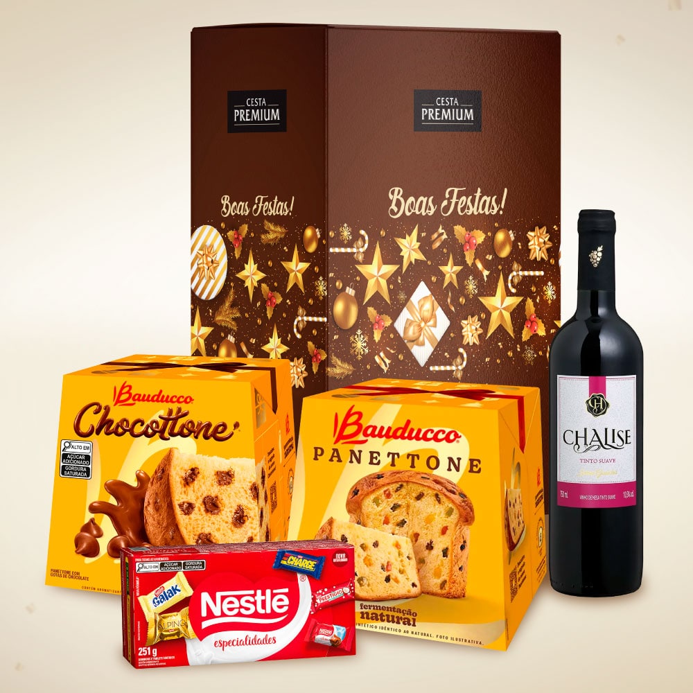Cesta de Natal Presépio com panettone e chocottone Bauducco e itens natalinos para empresas