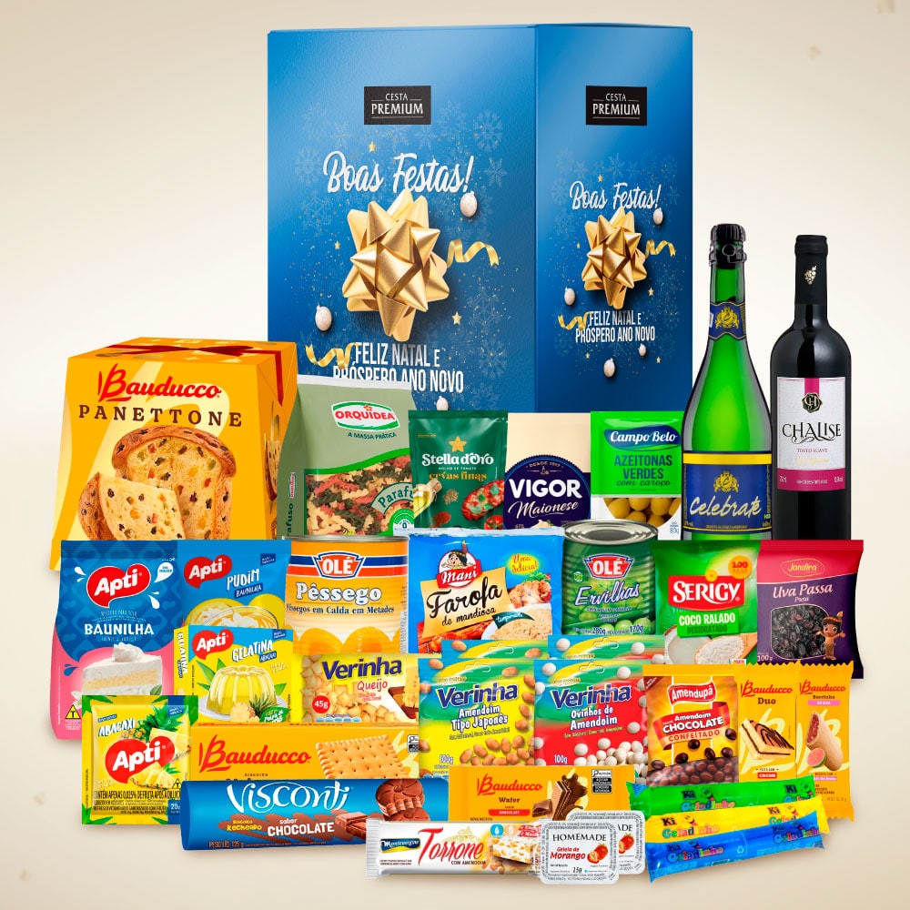 Cesta de Natal Reis Magos com panettone Bauducco e itens natalinos para empresas