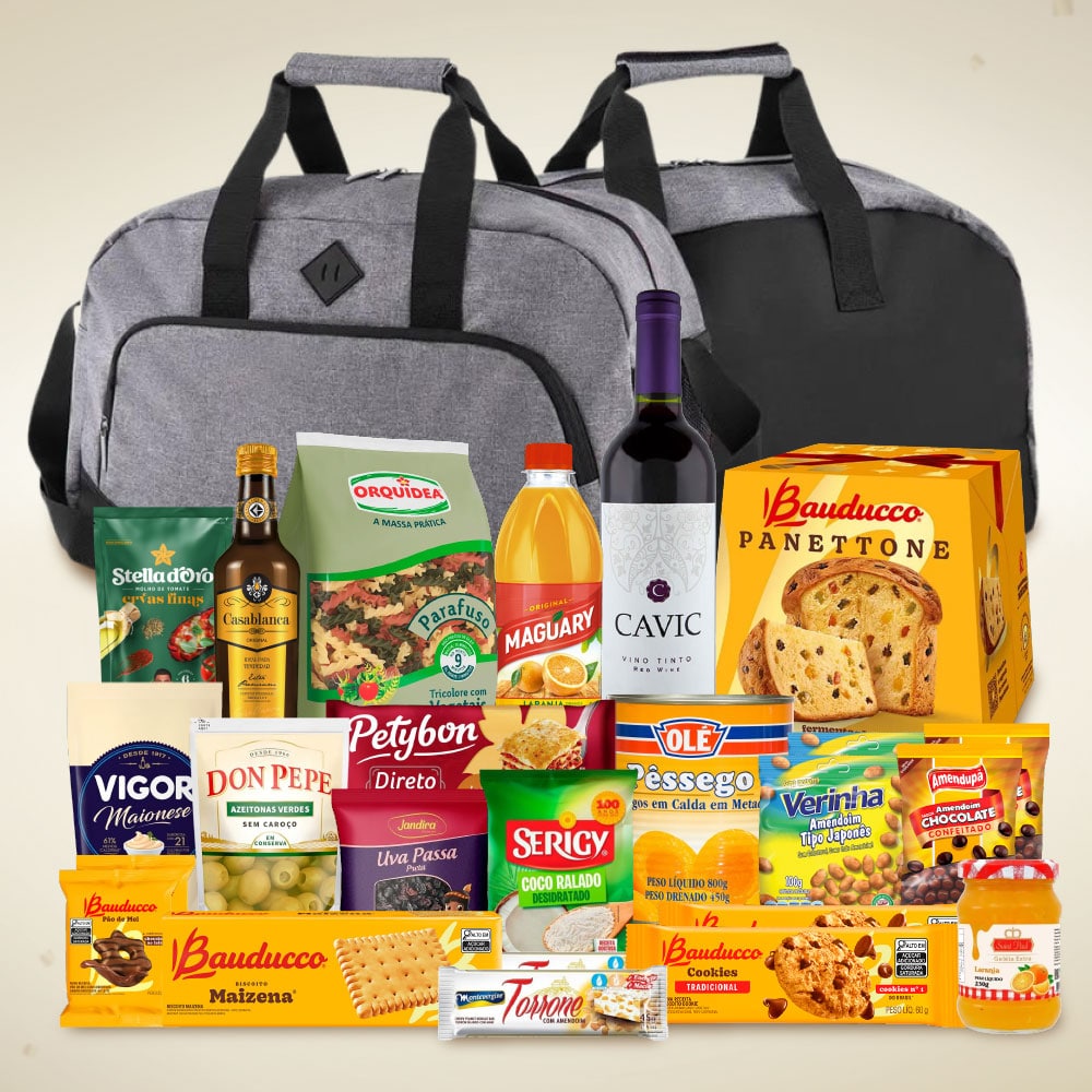 Cesta de Natal Kit Viagem com mala, panettone Bauducco e itens natalinos para empresas