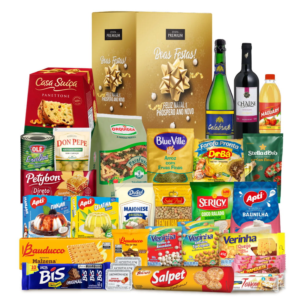 Cesta de Natal Encanto com Panettone Casa Suíça, 34 itens