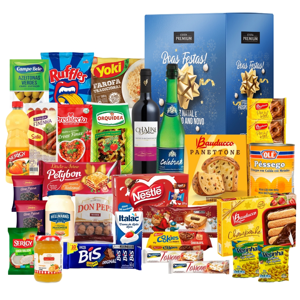 Cesta de Natal Esperança com panettone Bauducco, espumante e vinho