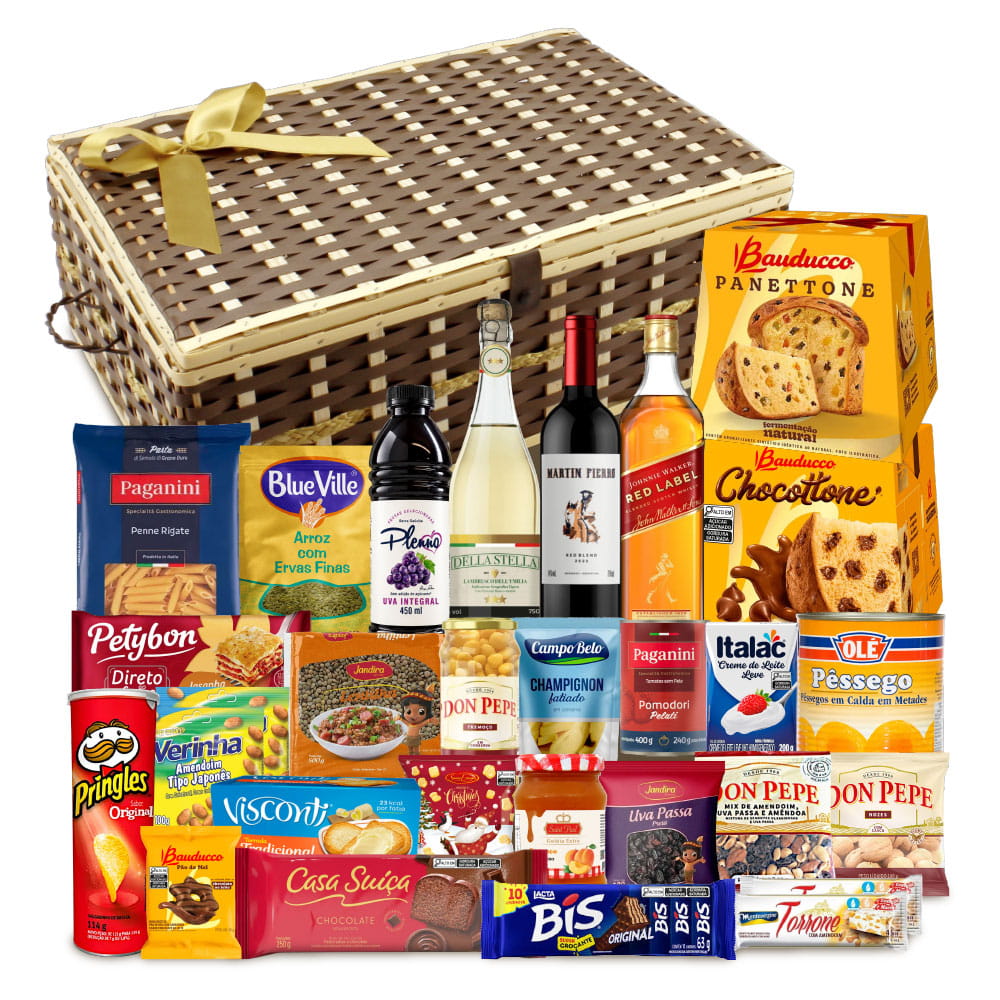 Cesta de Natal Premium 6 com 2 Panettones Bauducco, 31 itens