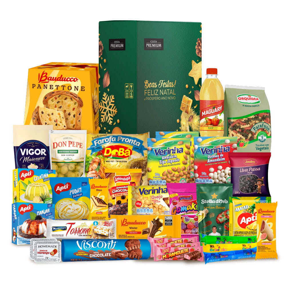 Cesta de Natal Sem Álcool com Panettone Bauducco, 33 itens