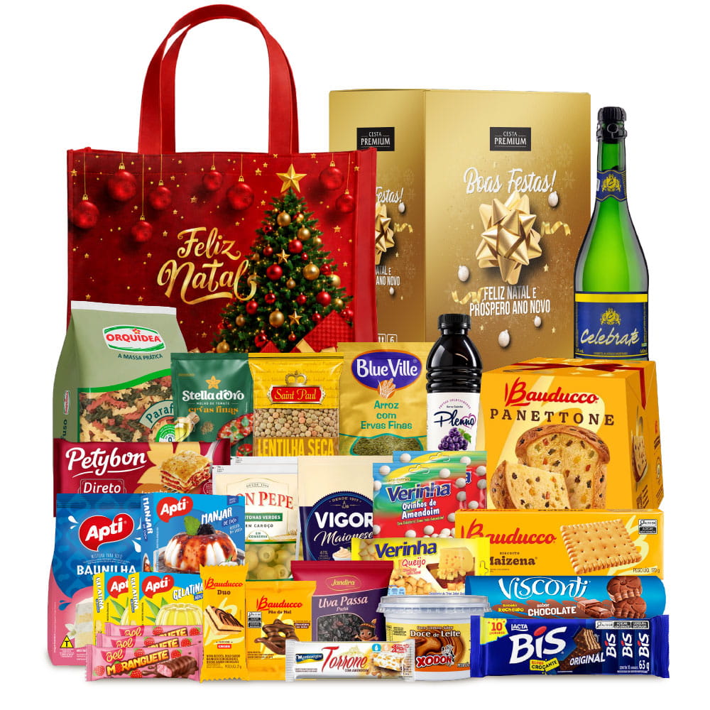 Cesta de Natal Serenata com Ecobag e Panettone Bauducco, 31 itens