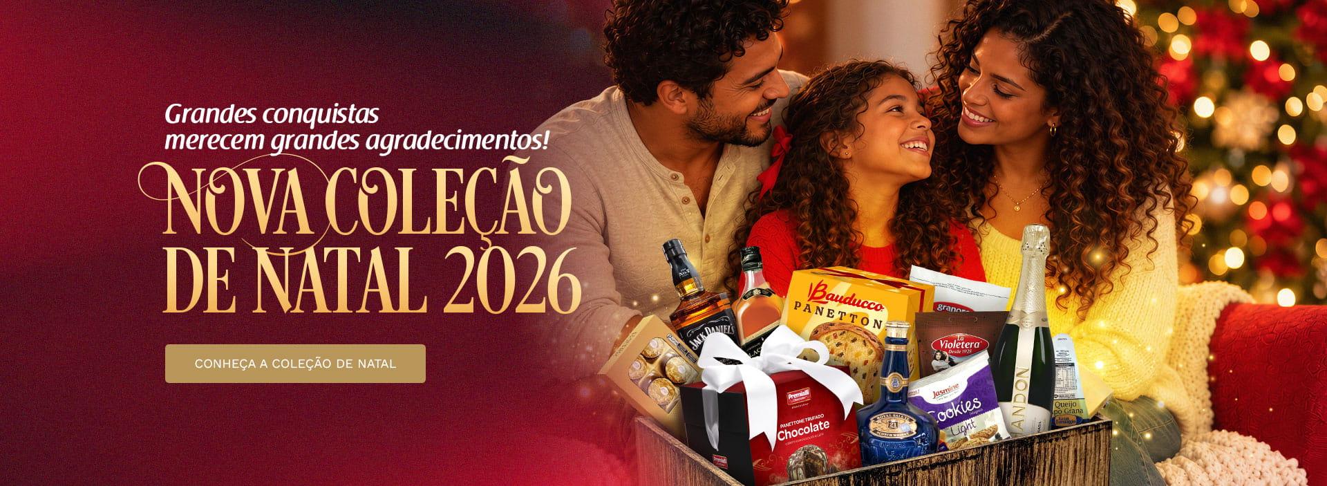 Conheça a nossa coleção de Natal 2026 com Cestas de Natal, Kits Natalinos e Panettones Trufados